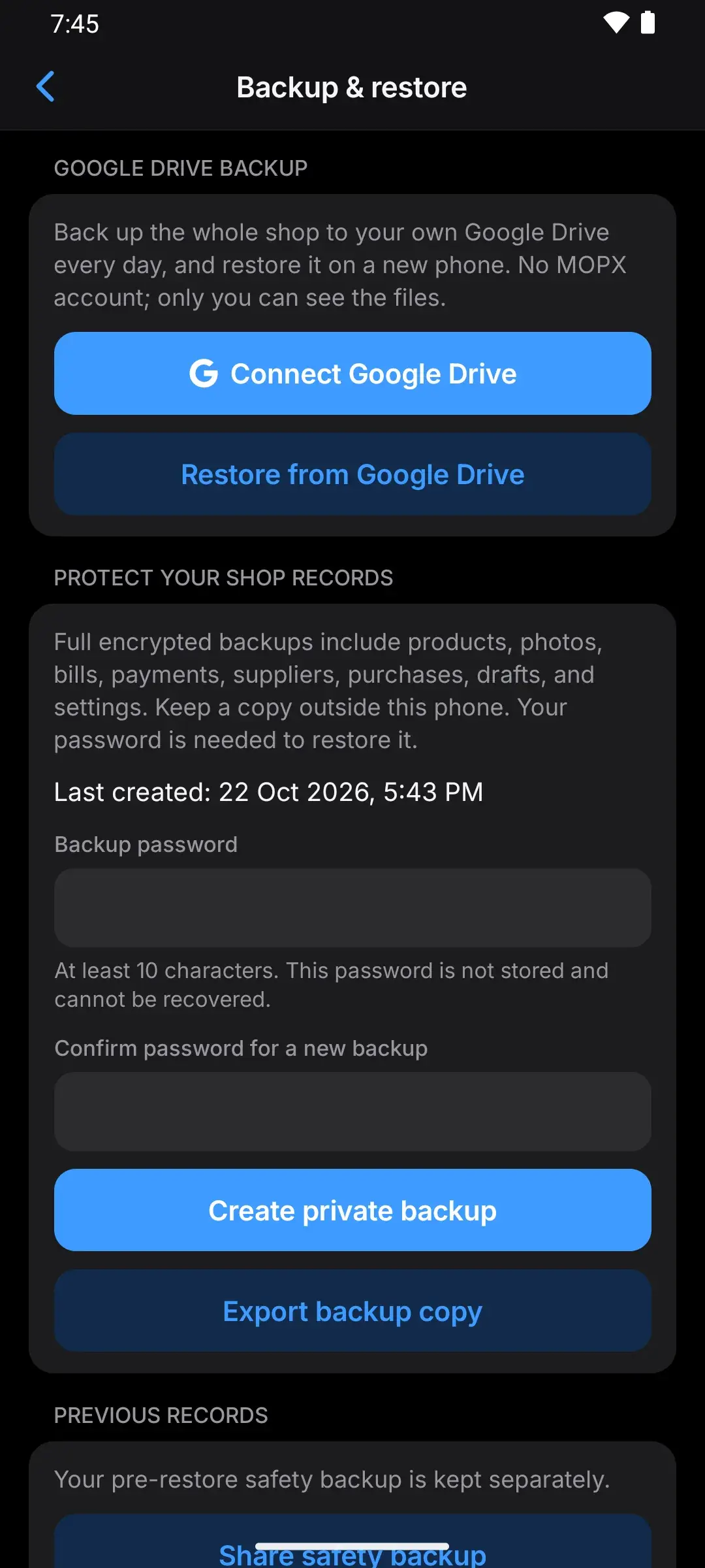 Backup settings: daily Google Drive backup with Back up now, and the password-encrypted backup file