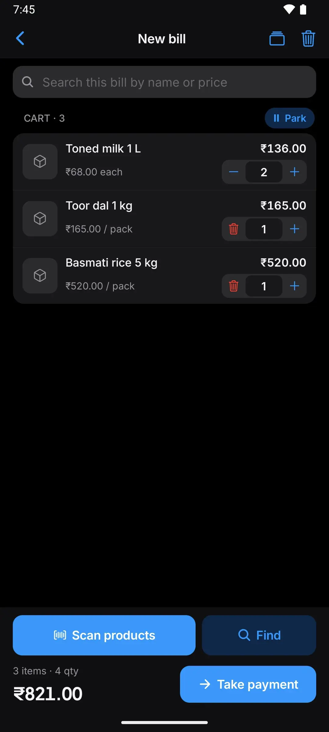 A bill with three items and a total of ₹821