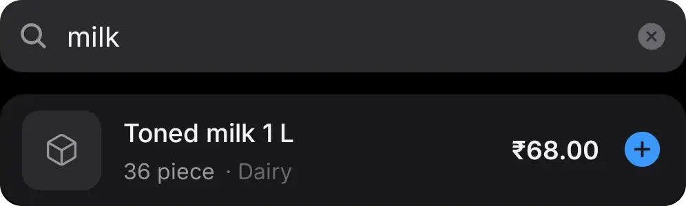 Search for “milk” finding Toned milk 1 L at ₹68