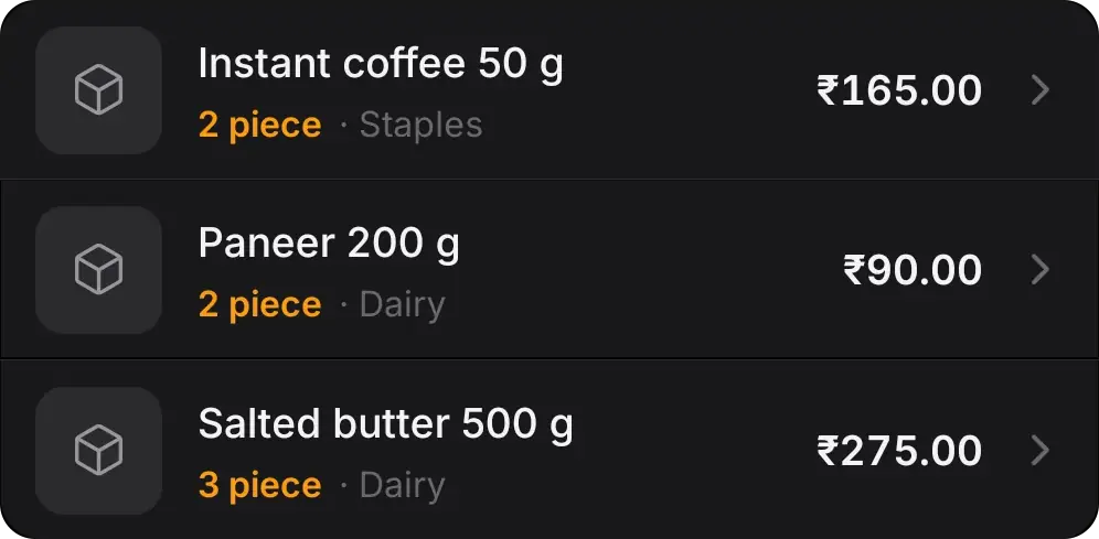 Low-stock list: Instant coffee, Paneer and Salted butter with 2 or 3 pieces left