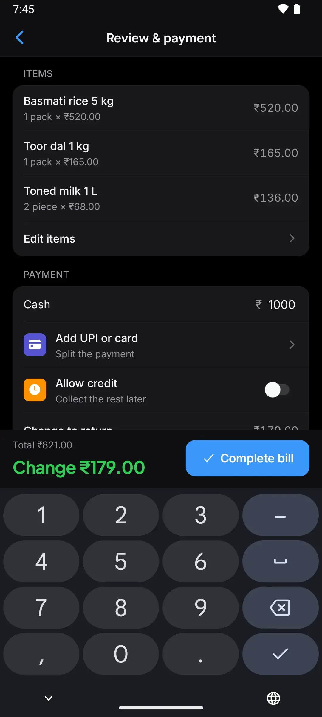 Payment screen showing change of ₹179 in large green numbers