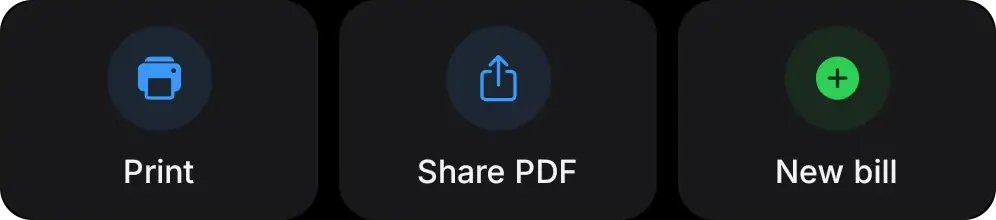Receipt buttons: Print, Share PDF and New bill