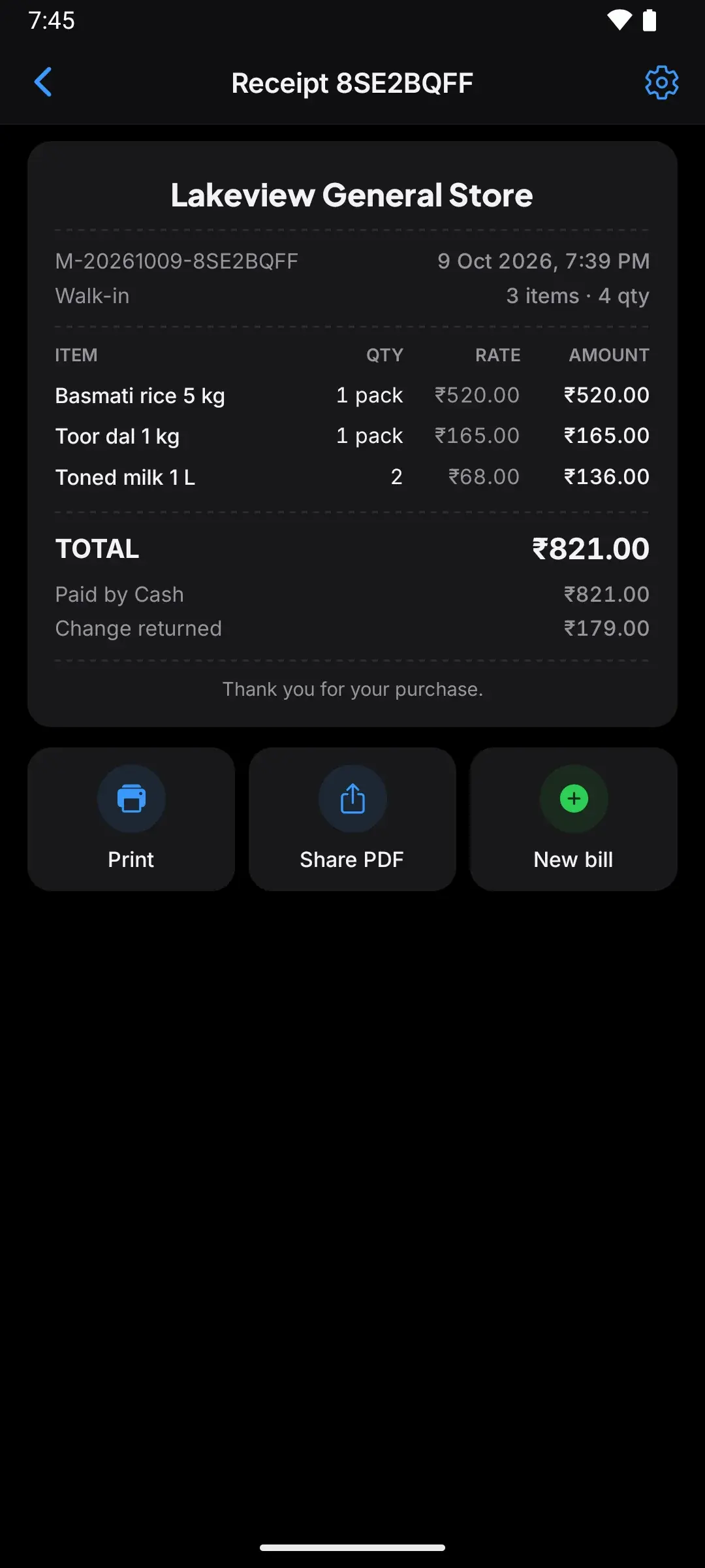 Completed receipt with print, share PDF and new bill buttons