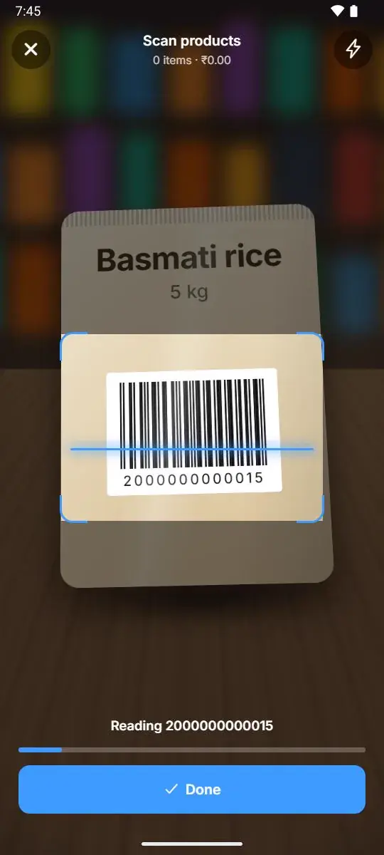 MOPX scanner reading the barcode on a pack of basmati rice