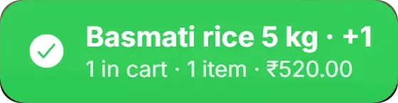 Scanner confirmation: Basmati rice 5 kg added, 1 item in cart, ₹520