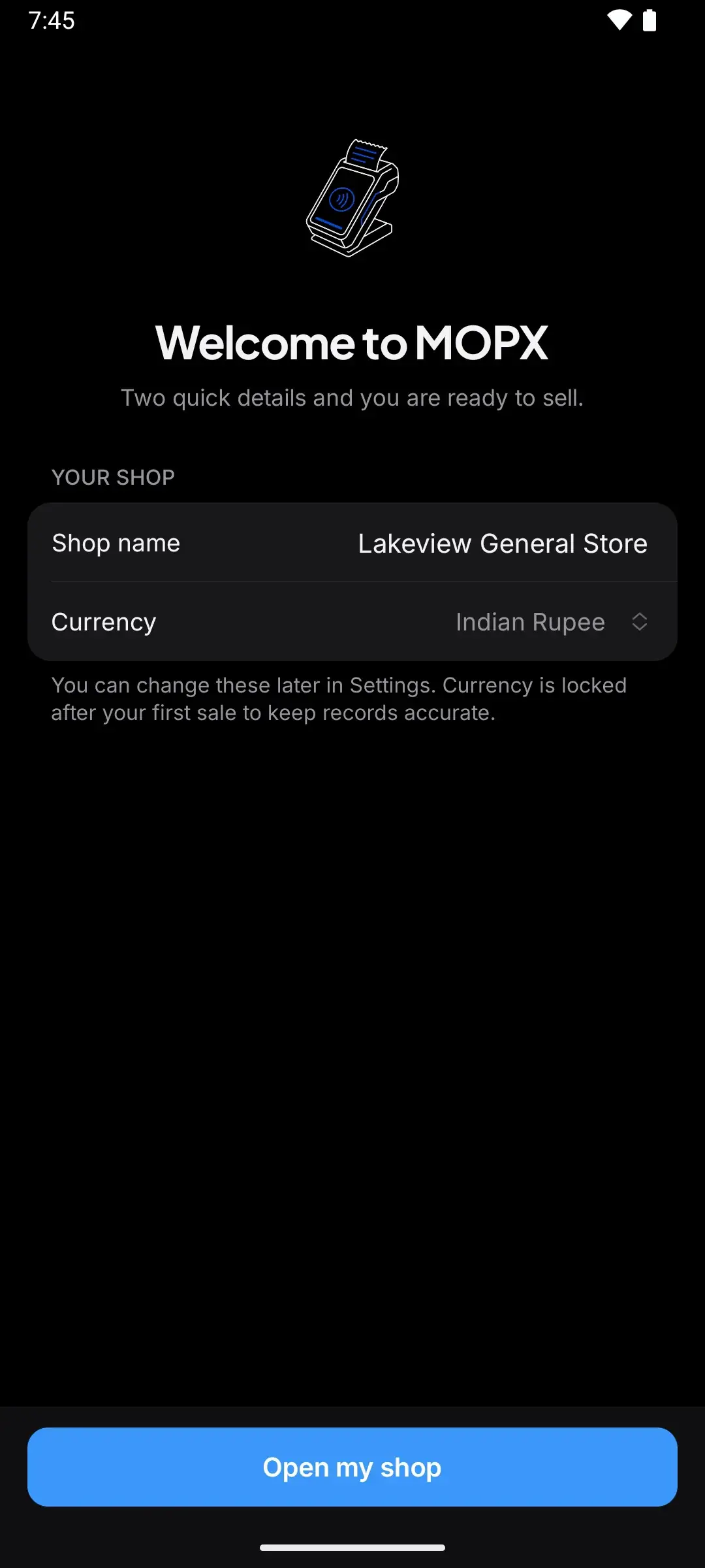 First launch: name the shop, currency already set to Indian Rupee