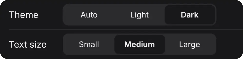 Appearance settings in dark mode: theme and text size