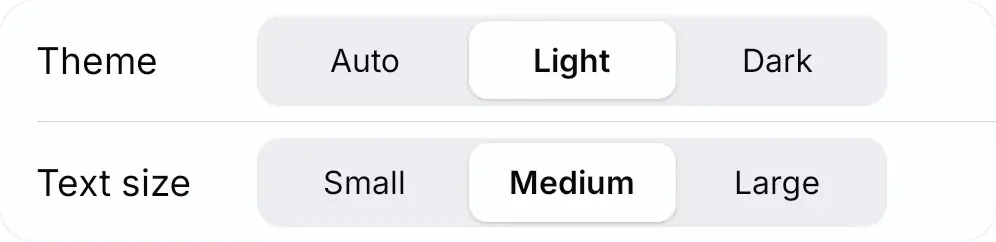 Appearance settings in light mode: theme and text size