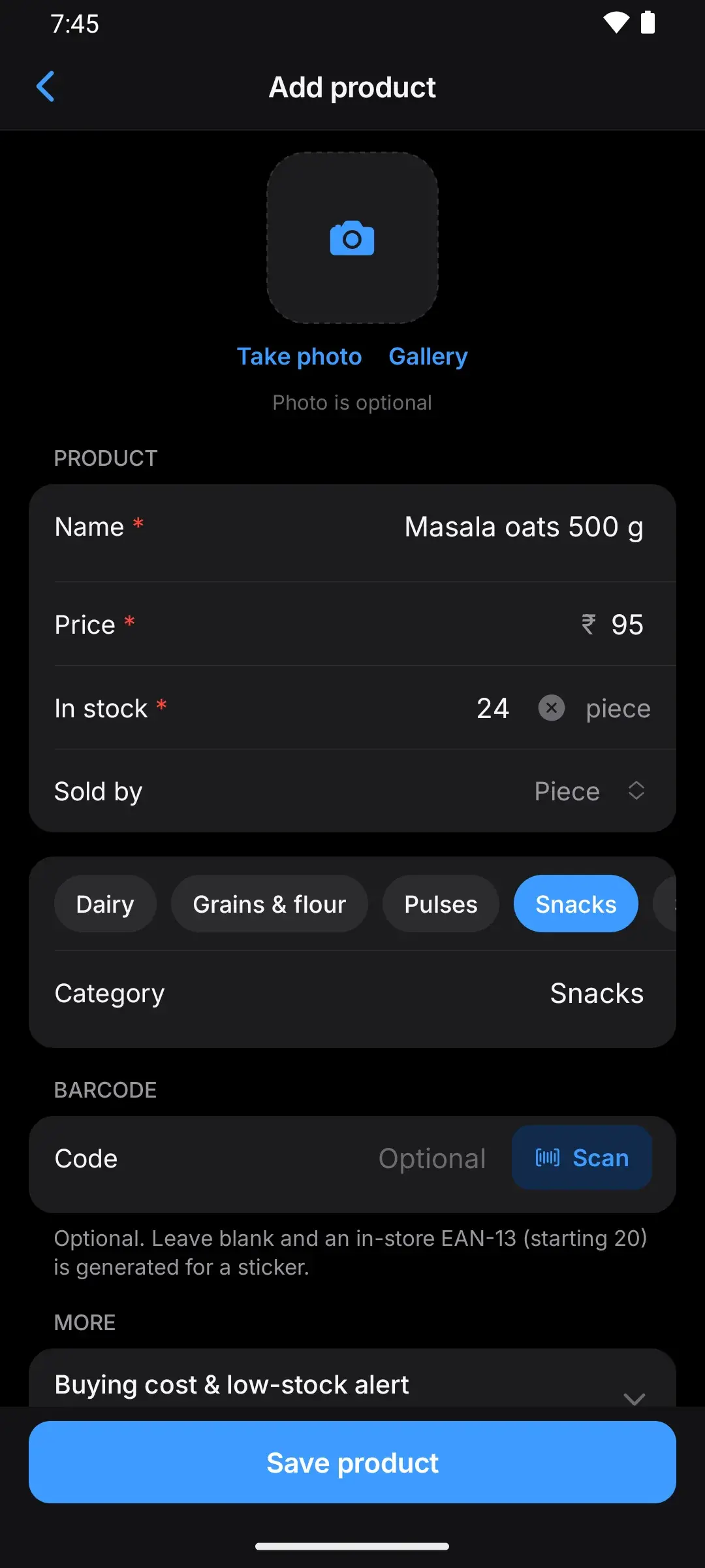 Add product with the category picker: the shop’s categories as buttons, most used first