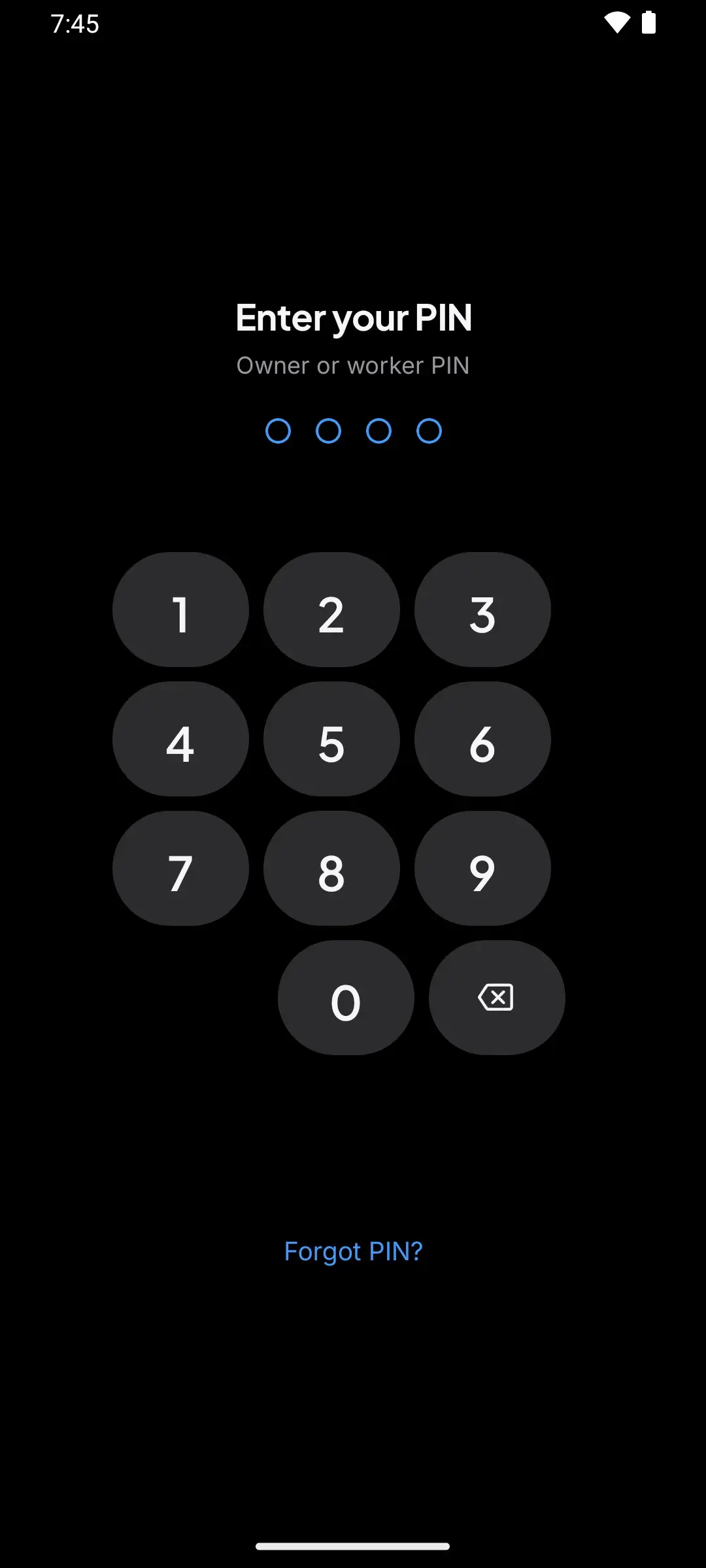 PIN lock screen asking for the owner or worker PIN, with one dot per digit