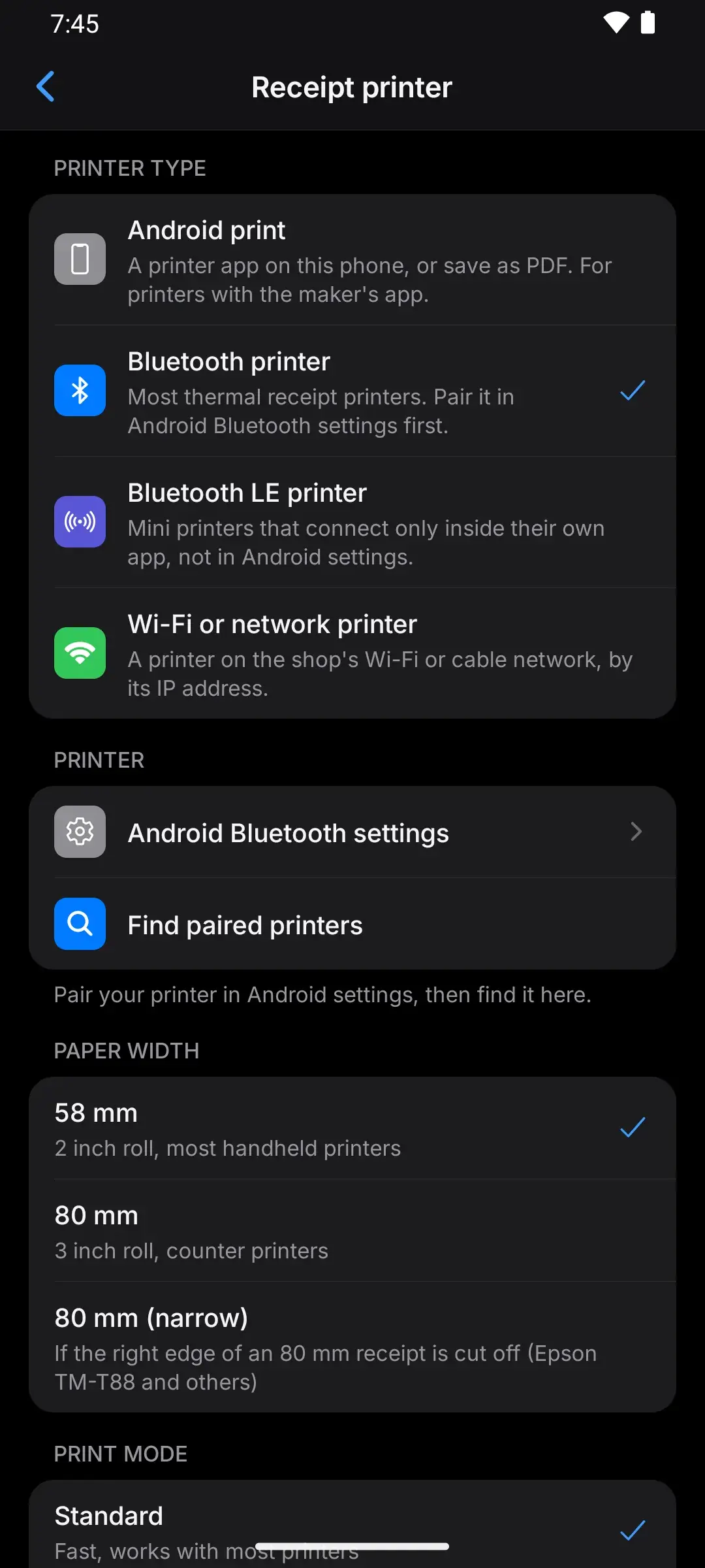 Printer settings listing each printer type with what it needs