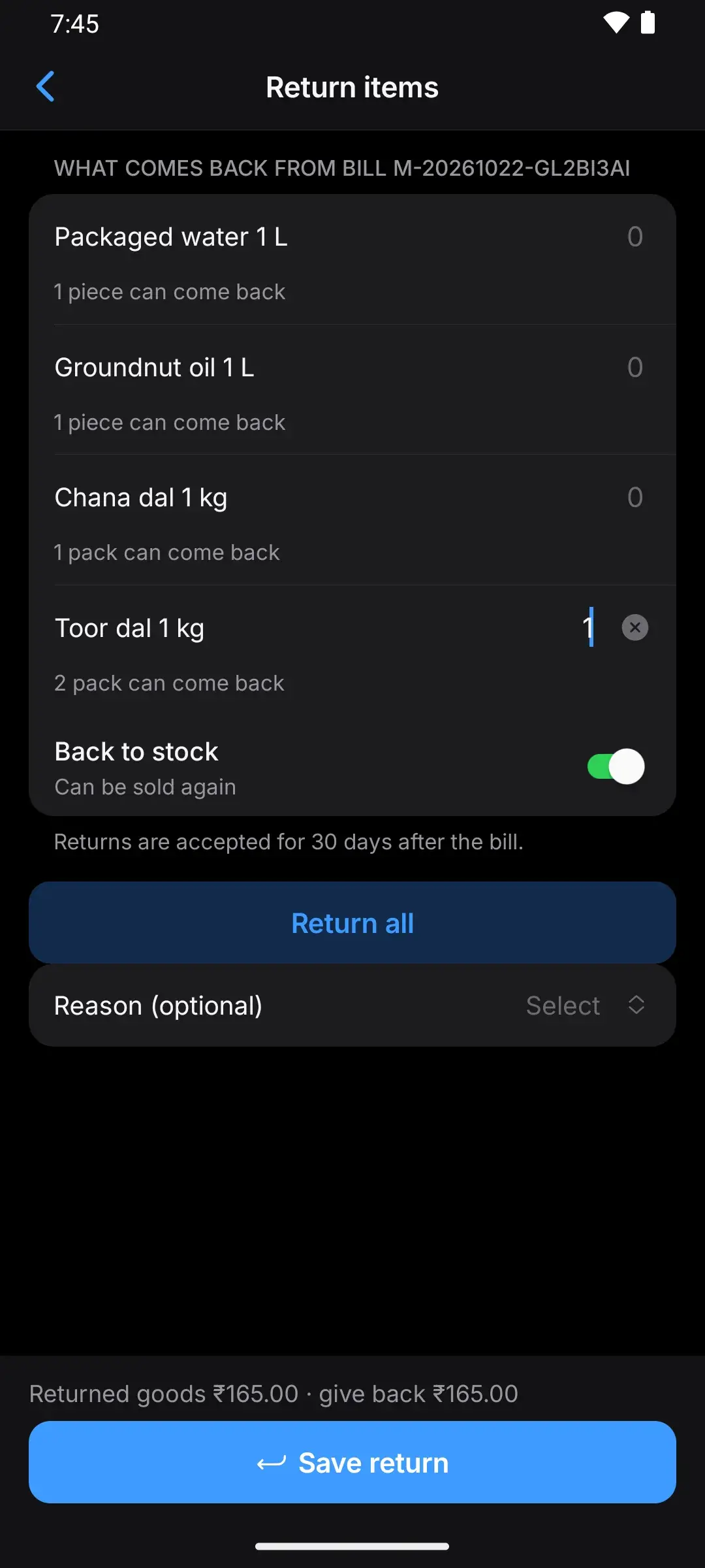 Return items screen: choose how many of each item come back, with a 30-day return window