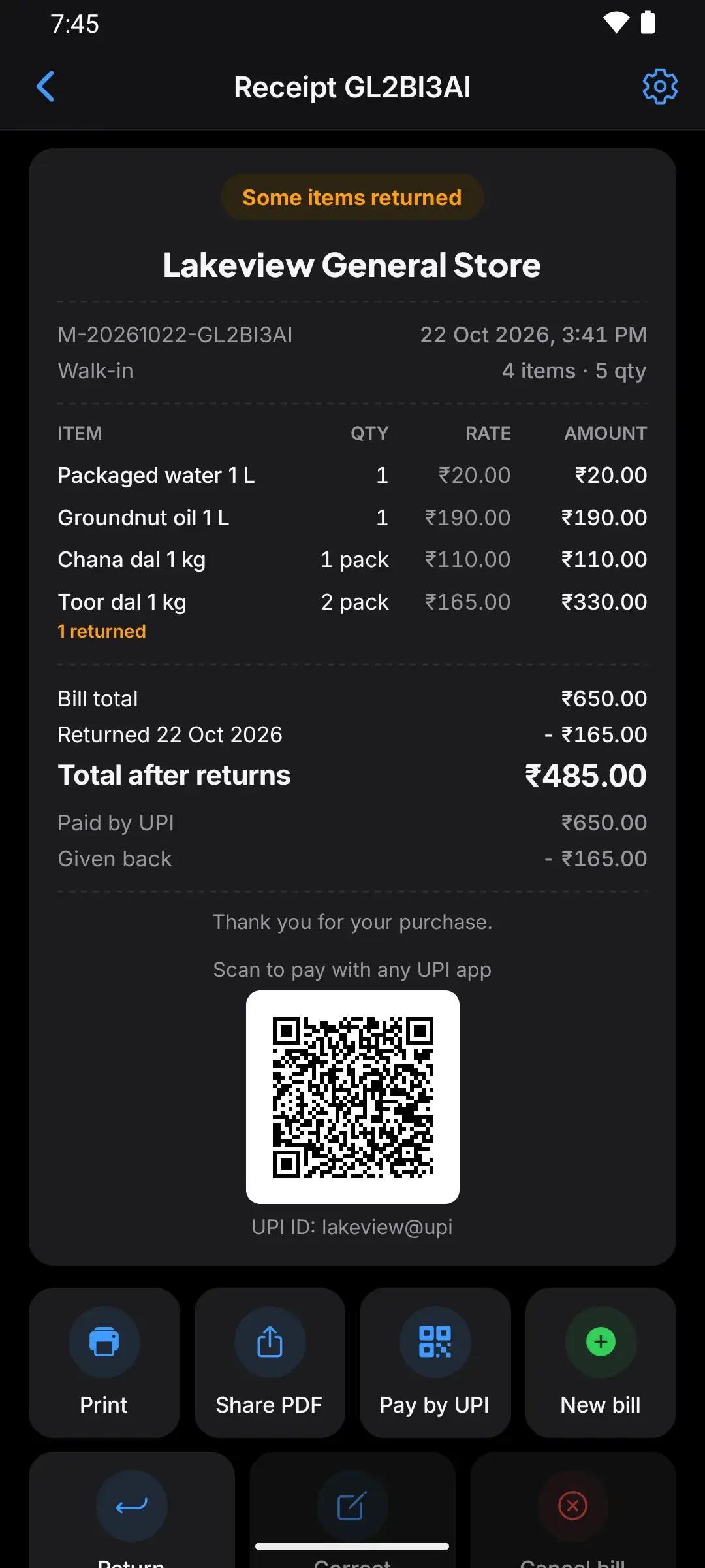 Receipt after a return: the returned item is marked and the total after returns is ₹485