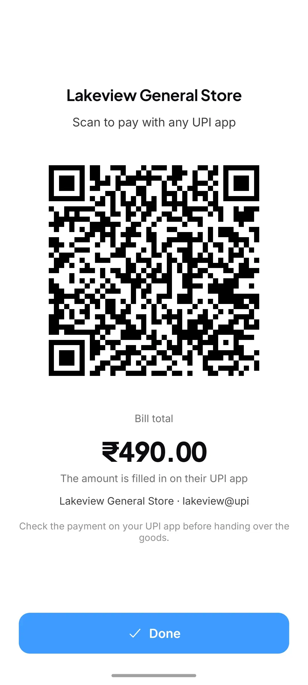 Full-screen UPI QR for a ₹490 bill; the amount is filled in on the customer’s UPI app